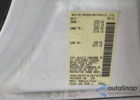 2015 Nissan Altima 2.5/2.5 S/2.5 Sl/2.5 Sv from USA, damaged, VIN 1N4AL3AP2FC426763